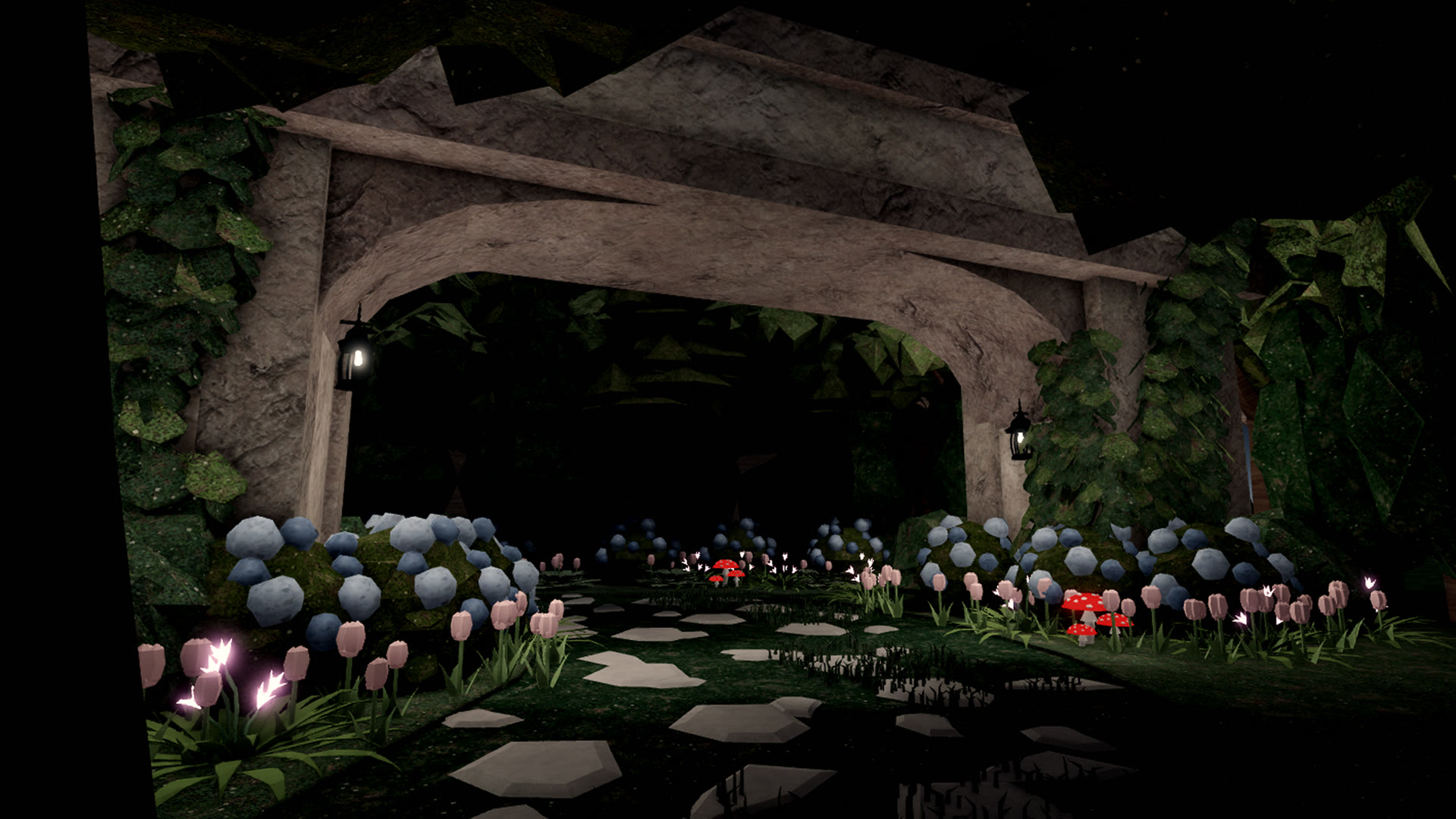 An enchanted garden build framed by stone arches, flowers, and water.